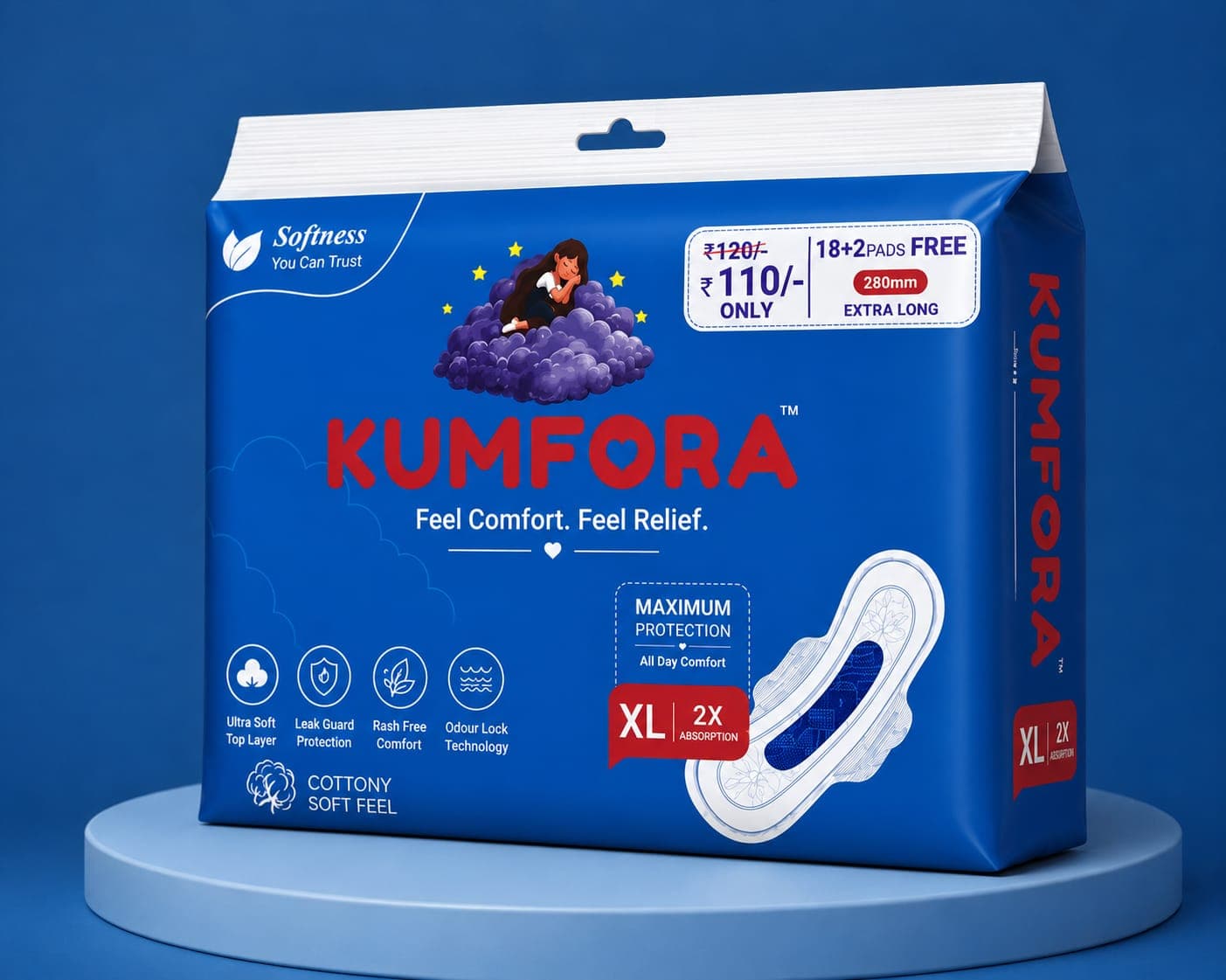 Kumfora XL Sanitary Pads – Family Pack | 20 PCS | Soft Cottony Feel | High Absorbency | Leak Protection - Thumbnail 3