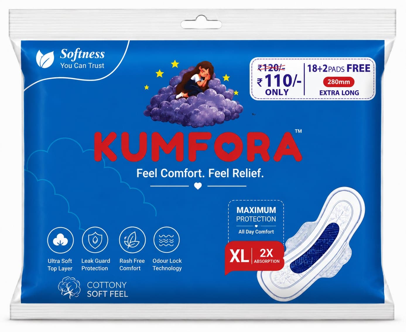 Kumfora XL Sanitary Pads – Family Pack | 20 PCS | Soft Cottony Feel | High Absorbency | Leak Protection - Thumbnail 4