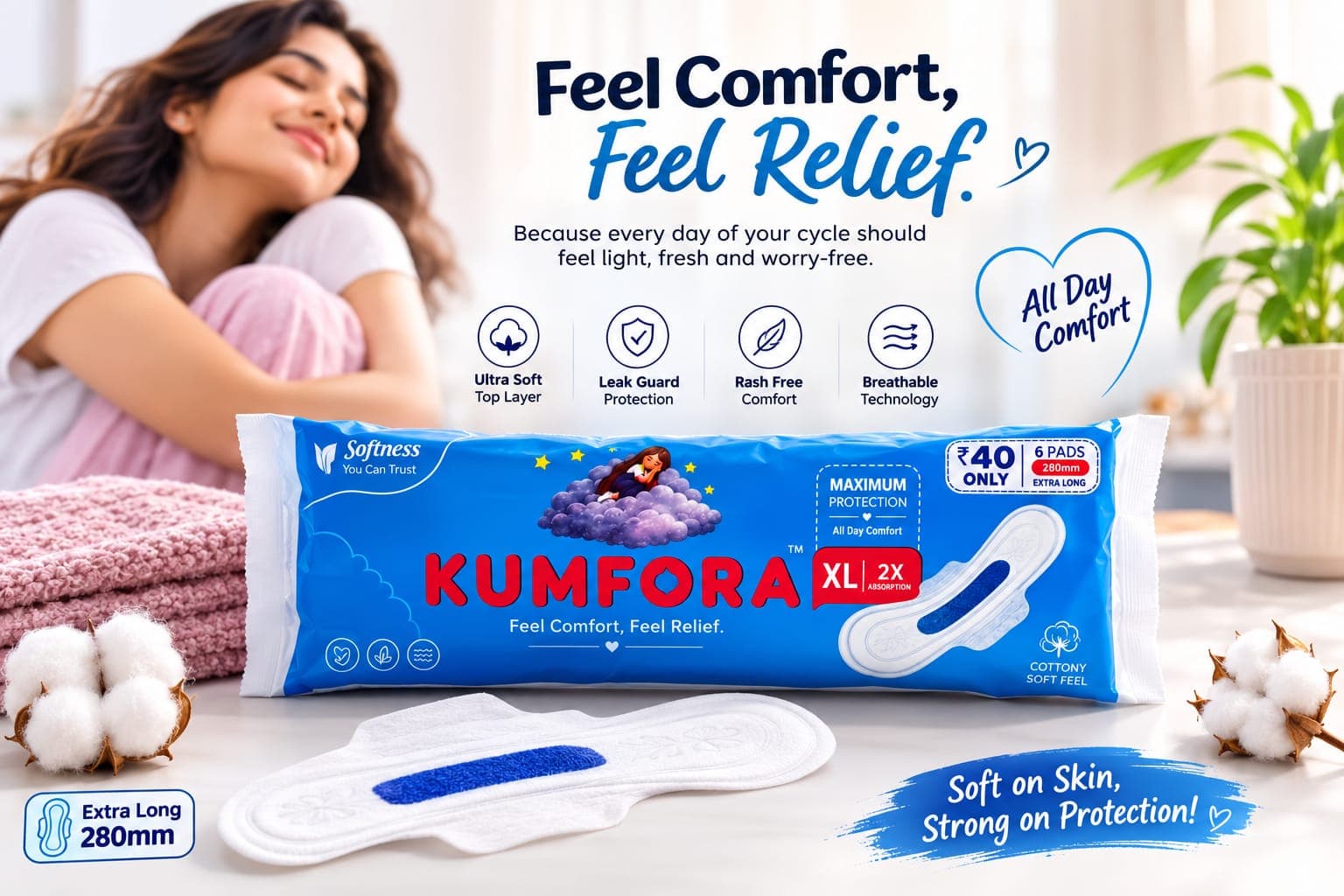 Kumfora XL Sanitary Pads – 6 PCS | Small Pack | Leak-Proof Protection | Soft Cottony Feel | Ultra Absorbent