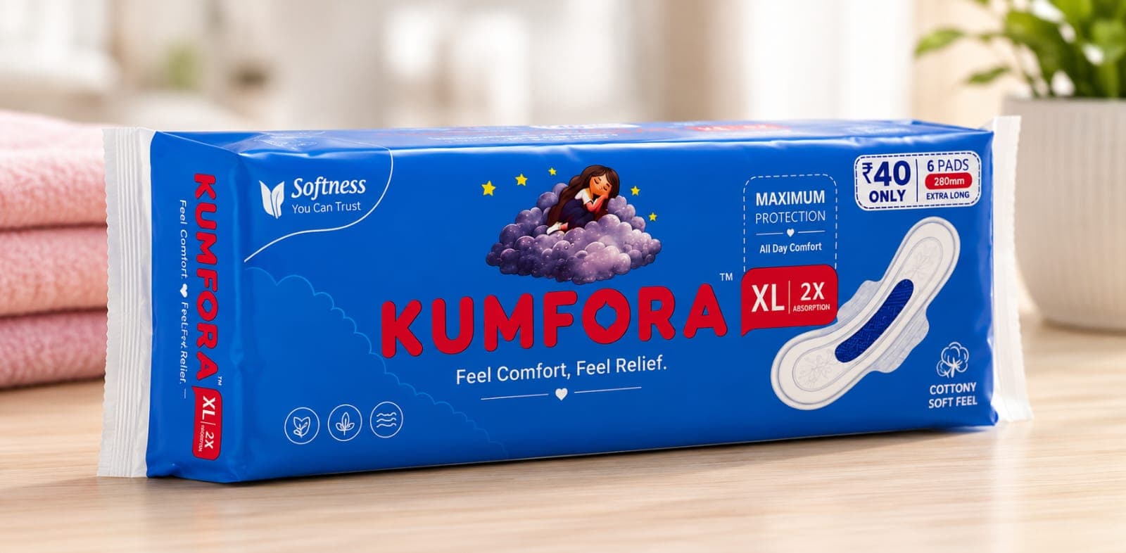 Kumfora XL Sanitary Pads – 6 PCS | Small Pack | Leak-Proof Protection | Soft Cottony Feel | Ultra Absorbent - Thumbnail 2