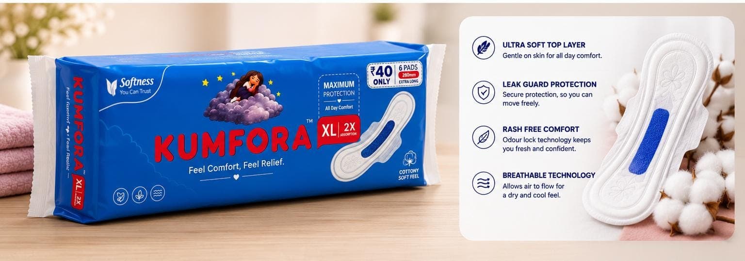 Kumfora XL Sanitary Pads – 6 PCS | Small Pack | Leak-Proof Protection | Soft Cottony Feel | Ultra Absorbent - Thumbnail 3